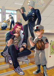  6+boys adapted_costume baseball baseball_cap baseball_mitt baseball_uniform blonde_hair cigarette delinquent donatello_versus emporio_alnino fishnet_top fishnets fur_hat hat highres horned_hat horns jojo_no_kimyou_na_bouken lipstick long_coat makeup multiple_boys narciso_anasui pink_eyes pink_hair rikiel school_uniform shoes sneakers sportswear squatting stairs stone_ocean ultracat ungaro weather_report white_hair 