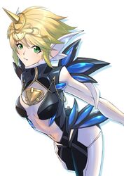  alternate_costume blonde_hair bodysuit breasts cowboy_shot cyborg deekei female fiora_(xenoblade) green_eyes highres leaning_forward mecha-fiora medium_breasts short_hair skin_tight solo spoilers xenoblade_chronicles_(series) xenoblade_chronicles_1 