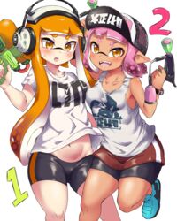  2girls baseball_cap bike_shorts brown_eyes fangs hat headphones highres inkling inkling_girl inkling_player_character looking_at_viewer multiple_girls open_mouth orange_hair penguin_maru_(penginmaru) pink_hair pointy_ears shirt short_hair short_shorts shorts shorts_under_skirt smile splat_dualies_(splatoon) splatoon_(series) splatoon_1 splatoon_2 splattershot_(splatoon) t-shirt tan tank_top tentacle_hair 