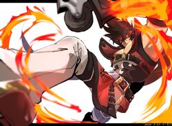  1boy bad_id bad_twitter_id belt belt_buckle brown_hair buckle commentary fire guilty_gear guilty_gear_xrd headband high_collar jacket junkyard_dog_mk_iii kousuke_(kari) male_focus muscular muscular_male pants pectorals red_eyes red_jacket simple_background sleeveless sol_badguy solo volcanic_viper white_background white_pants 