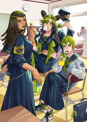  1boy 3girls armband black_hair blowing_bubbles chains chalkboard chewing_gum classroom cosplay delinquent desk double_bun dreadlocks drinking ermes_costello fanta foo_fighters_(jojo) gakuran green_eyes green_hair hair_bun hat highres holding holding_clothes holding_hat indoors jojo_no_kimyou_na_bouken kujo_jolyne kujo_jotaro kujo_jotaro_(cosplay) lemonade lipstick lipstick_mark long_coat long_skirt makeup multicolored_hair multiple_girls narciso_anasui pink_hair school_desk school_uniform serafuku shoes short_hair sitting skirt sneakers stone_ocean sukeban two-tone_hair ultracat unworn_hat unworn_headwear 