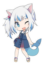  ;d animal_ears blue_dress blue_eyes blue_hair blue_nails brown_footwear cat_ears chibi commentary_request cube_hair_ornament dress female fins fish_tail full_body gawr_gura gawr_gura_(casual) hair_ornament highres hololive hololive_english long_hair looking_at_viewer multicolored_hair nail_polish one_eye_closed open_mouth osaragi_mitama platform_footwear sandals shark_tail sharp_teeth side_ponytail sleeveless sleeveless_dress smile solo standing streaked_hair tail teeth toenail_polish toenails virtual_youtuber 