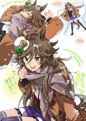  +++ ahoge animal_ears black_sweater blue_eyes brown_coat brown_hair closed_eyes coat commentary_request female frilled_skirt frills hair_ornament hairclip hat highres horse_ears horse_girl horse_tail long_hair long_sleeves looking_at_viewer mini_hat mini_top_hat misu_kasumi mr._c.b._(umamusume) multiple_views open_clothes open_coat open_mouth purple_legwear purple_skirt scarf scarf_pull skirt smile snow snow_angel sweater tail teeth thighhighs top_hat translated twitter_username umamusume upper_teeth_only white_headwear 