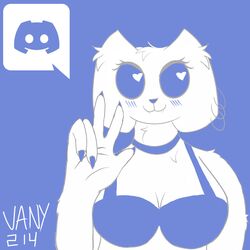  1:1 :3 anthro big_breasts blue_background blue_bra blue_claws blue_clothing blue_collar blue_nose blue_underwear blush blush_lines bra breasts claws clothing clyde_(discord) collar digital_media_(artwork) discord_(app) ear_piercing ear_ring fangs female fur half-length_portrait heart_eyes heart_symbol hi_res looking_at_viewer mammal multiple_piercings piercing portrait ring_piercing signature simple_background solo teeth tuft underwear unknown_species vany214 white_body white_breasts white_fur 