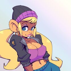  1:1 anthro beanie blonde_hair blue_eyes bottomwear breasts cleavage clothed clothing donkey_kong_(series) ear_piercing ear_ring eyeshadow female hair hat headgear headwear hoop_ear_ring jacket kong lipstick long_hair looking_at_viewer makeup mammal midriff nintendo nitro piercing primate ring_piercing solo tiny_kong topwear twintails 