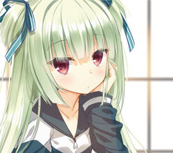  blue_bow blurry blurry_background blush bow cariboy closed_mouth collarbone commentary_request depth_of_field female green_hair hairbow hand_on_own_cheek hand_on_own_face jacket long_hair long_sleeves looking_at_viewer murasame_(senren) photoshop_(medium) red_eyes senren_banka solo striped striped_bow two_side_up upper_body white_jacket window 