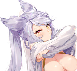  aki663 animal_ears blush bow braid breasts cleavage closed_mouth erune female fraux granblue_fantasy grey_hair large_breasts lifting_own_clothes lips long_hair long_sleeves looking_at_viewer shiny_skin simple_background smile solo tied_hair undressing white_background yellow_eyes 