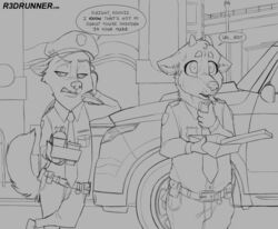  anthro beverage bodily_fluids burger canid canine canis car clothing dessert dialogue digital_drawing_(artwork) digital_media_(artwork) disney domestic_dog doughnut duo eating english_text fan_character food fox male mammal mastiff molosser monochrome motor_vehicle nick_wilde pastry police police_car police_officer_eating_donut police_uniform police_vehicle r3drunner red_fox soda spitz sweat swedish_vallhund text true_fox uniform upset vehicle zootopia 