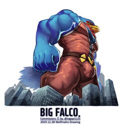  1:1 2019 anthro avian bird bulge city clothed clothing falco_lombardi hi_res looming low-angle_view macro male muscular muscular_anthro muscular_male nintendo solo star_fox wolfmalro 