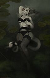  4_toes 5_fingers albino anthro bra breasts clothed clothing feet felid female fingers fur garter_belt garter_straps hair hi_res honovy legwear lingerie lion mammal pantherine panties partially_submerged solo stockings text thigh_highs toes underwear url white_body white_fur white_hair 