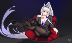  absurdres ass black_jacket black_pantyhose blush breasts commentary commission feet female foot_focus full_body highres horns hoshikuma_douji houchi_shoujo jacket long_hair looking_at_viewer no_shoes office_lady oni oni_horns pantyhose pixiv_commission ponytail red_oni soles solo thighs tierla toes underwear very_long_hair white_hair 