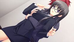  1boy black-framed_eyewear black_hair black_jacket black_skirt breasts collared_shirt cowboy_shot female game_cg glasses grabbing grabbing_another&#039;s_breast grabbing_from_behind gretel_jeckeln hair_between_eyes jacket long_hair long_sleeves medium_breasts miniskirt muv-luv muv-luv_alternative muv-luv_alternative_strike_frontier open_mouth pencil_skirt purple_eyes red_hair shirt skirt straight straight_hair theodor_edelbach white_shirt wing_collar 