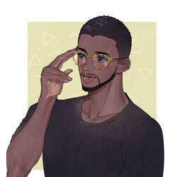  1boy animification beard bespectacled black_eyes black_hair black_panther_(film) black_shirt dark-skinned_male dark_skin facial_hair glasses male_focus marvel marvel_cinematic_universe matsu_(bandan) open_mouth shirt smile solo t&#039;challa t-shirt upper_body 