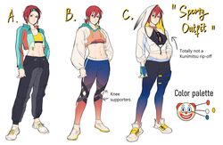  absurdres arrow_(symbol) color_guide commentary concept_art crop_top cropped_hoodie cropped_jacket english_commentary english_text female flat_chest full_body halterneck han_soo-min_(hanny) hanny_(uirusu_chan) headband highres hood hoodie midriff multiple_views navel original pants red_hair reference_sheet shoes short_hair sneakers sports_bra standing tekken toned track_pants variations yellow_sports_bra yoga_pants 