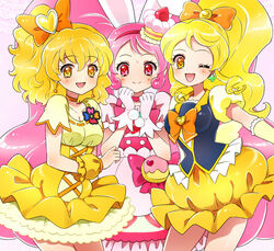  3girls ;d animal_ears black_dress blonde_hair blush bow bowtie brooch bubble_skirt cake_hair_ornament choker closed_mouth commentary_request cowboy_shot cure_honey cure_pine cure_whip dress earrings food-themed_hair_ornament fresh_precure! gloves hair_ornament hairband hairbow happinesscharge_precure! heart heart_brooch heart_hair_ornament high_ponytail high_side_ponytail in-franchise_crossover jewelry kagami_chihiro kirakira_precure_a_la_mode long_hair looking_at_viewer magical_girl multiple_girls neck one_eye_closed oomori_yuuko open_mouth orange_bow orange_choker orange_eyes petticoat pink_background pink_bow pink_bowtie pink_choker pink_eyes pink_hair ponytail precure puffy_sleeves rabbit_ears red_hairband short_hair side_ponytail skirt smile twintails usami_ichika white_dress white_gloves wide_ponytail wrist_cuffs yamabuki_inori yellow_dress yellow_skirt 