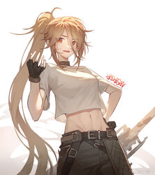  artist_name belt black_gloves black_pants blonde_hair female fingerless_gloves girls&#039;_frontline girls&#039;_frontline_neural_cloud gloves hachisan hand_up highres looking_at_viewer navel orange_eyes pants ponytail shirt smile sol_(neural_cloud) solo t-shirt weibo_watermark white_background white_shirt 