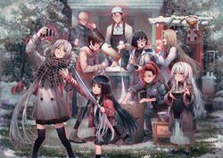  2boys 6+girls apron bald black_hair blonde_hair bowl bush cellphone chopsticks coat commentary_request eating feeding food glasses grass grey_hair hair_rings hammer happy_new_year heterochromia highres holding holding_another&#039;s_wrist holding_own_hair ichikawa_natsumi kamikoshi_sorawo kasumi_(urasekai_picnic) kozakura_(urasekai_picnic) migiwa_youichirou mochi multiple_boys multiple_girls new_year nishina_toriko oerba_yun_fang phone ponytail red_hair scarf selfie seto_akari shirakaba shovel skirt smartphone snow standing stitched_face stitches sweater transparent_hand twintails urasekai_picnic urumi_luna white_hair 