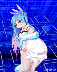  ass ass_focus bare_shoulders bent_over blue_hair dress female frilled_dress frills hand_on_ass highres lee_domino long_hair looking_at_viewer pantyhose purple_eyes smug tiara white_dress white_legwear witchcraft_master_verre yuu-gi-ou 