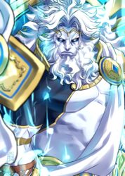  1boy abs ancient_greek_clothes bara bare_pectorals beard circlet facial_hair fate/grand_order fate_(series) forehead glowing glowing_eyes greco-roman_clothes hair_intakes large_pectorals lightning long_hair male_focus mature_male muscular muscular_male no_pupils pale_skin pectorals ryuuki_garyuu shrug_(clothing) solo upper_body white_hair zeus_(fate) 