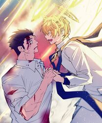  2boys angel bad_id bad_twitter_id black_eyes black_hair blonde_hair blood blood_from_mouth blood_on_clothes blood_on_face blurry closed_eyes collared_jacket collared_shirt cuts doku_(hitori_ox) facial_hair glowing halo hand_grab head_wings highres injury jacket jewelry long_sideburns male_focus michael_(housamo) multiple_boys multiple_halos muscular muscular_male necklace open_mouth parted_lips partially_unbuttoned protagonist_3_(housamo) shirt short_hair sideburns sideburns_stubble smile stole stubble sweatdrop thick_eyebrows tokyo_afterschool_summoners upper_body white_jacket white_shirt wings 