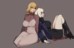  2girls absurdres ahoge back-to-back black_dress black_footwear blue_coat blue_eyes blue_jacket blush boots braid breasts brown_dress brown_sweater closed_mouth coat commentary dress english_commentary ennuigrl fate/apocrypha fate/grand_order fate_(series) fur-trimmed_coat fur-trimmed_jacket fur-trimmed_sleeves fur_collar fur_trim hair_between_eyes high_heel_boots high_heels highres jacket jeanne_d&#039;arc_(fate) jeanne_d&#039;arc_(ruler)_(fate) jeanne_d&#039;arc_alter_(fate) jeanne_d&#039;arc_alter_(ver._shinjuku_1999)_(fate) large_breasts long_braid long_hair looking_to_the_side miniskirt multiple_girls open_clothes open_coat open_jacket pale_skin pencil_skirt pink_lips short_dress short_hair single_braid sitting skirt smile sweater thighs turtleneck turtleneck_sweater white_hair yellow_eyes 