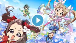  4girls :d :o april_fools bad_id bad_twitter_id bird black_eyes black_hair blurry blurry_background boots bow brown_hair cityscape commentary fake_play_button fake_video fingerless_gloves flower flying frilled_skirt frills fukuyama_mai g_y_k gloves grey_hair hair_flower hair_ornament hairbow hat highres idolmaster idolmaster_cinderella_girls knee_boots koseki_reina light_brown_hair long_hair magical_girl mini_hat multiple_girls narumiya_yume ojamajo_doremi open_mouth parody ponytail puffy_short_sleeves puffy_sleeves purple_eyes rose short_hair short_sleeves skirt sky smile style_parody twintails wand yokoyama_chika 