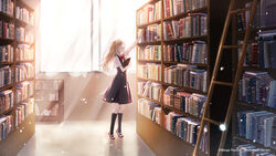  blonde_hair book curtains female highres holding holding_book ladder library long_hair original pink_eyes ribbon school_uniform sena_tea29 solo 