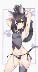  absurdres animal_ear_fluff animal_ears animal_hands armpits arms_behind_head arms_up ass_visible_through_thighs bare_arms bare_shoulders bell black_hair black_panties breasts closed_mouth collared_shirt commentary contrapposto cowboy_shot crop_top fake_animal_ears fate/kaleid_liner_prisma_illya fate_(series) female gloves grey_shirt grey_thighhighs groin hair_ornament hairband hairclip highres jingle_bell long_hair looking_at_viewer miyu_edelfelt miyu_edelfelt_(beast_style) navel no_pants orange_eyes panties paw_gloves serin199 shirt single_thighhigh sleeveless sleeveless_shirt small_breasts solo standing stomach string_panties suspenders tears thighhighs thighs twintails underwear 