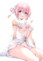  :o absurdres bare_shoulders blue_eyes blush braid braided_hair_rings breasts closed_eyes commentary female gloves hair_ornament hair_rings high-waist_skirt highres medium_breasts open_mouth pink_hair princess_connect! revealing_clothes shiny_skin short_hair simple_background sitting skirt solo thighs underboob white_background white_gloves white_skirt xin_(zinc) yui_(ceremonial)_(princess_connect!) yui_(princess_connect!) 