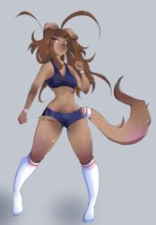  absurd_res anthro berruchan bikini biped bottomwear breasts brown_body brown_eyes brown_fur brown_hair canid canine clothed clothing female fur glistening glistening_body glistening_eyes glistening_legs hair hi_res long_hair mammal shorts skimpy solo swimwear tight_clothing 