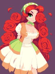  arms_behind_back blush bonnet breasts briar_(mynotar) cleavage dress female flower green_eyes looking_at_viewer makeup mascara minimilieu original petals pixel_art red_flower red_hair red_rose rose simple_background smile solo torn_clothes torn_dress upper_body white_dress 