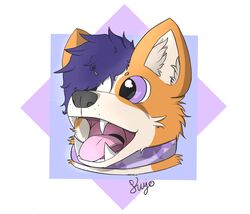  2019 absurd_res anthro canid canine canis collar curled_hair digital_media_(artwork) domestic_dog flower fluffy fur hair headshot_portrait herding_dog hi_res kujo mammal open_mouth pastoral_dog plant portrait reflection shaded simple_background smile solo teeth tongue welsh_corgi whiskers 