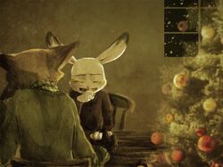  2019 anthro canid canine christmas christmas_tree closed_eyes clothed clothing dipstick_ears disney duo ear_markings fox fur furniture hand_holding holidays inside judy_hopps lagomorph leporid mammal multicolored_ears nick_wilde noko_ume open_mouth open_smile plant rabbit red_fox sitting smile snow snowing sweater table topwear tree true_fox window zootopia 