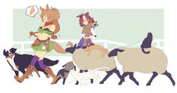  2girls :d ^_^ ahoge animal animal_ears bare_shoulders black_cat blue_dress blush boots breasts brown_footwear brown_gloves brown_hair brown_headwear canine carrot cleavage closed_eyes commentary_request cowboy_hat dress feline gloves green_skirt gun hair_between_eyes hair_ornament handgun hat hat_on_back high_heels highres holding holding_animal holstered horse_ears horse_girl horse_tail lamb medium_breasts meisho_doto_(umamusume) multicolored_hair multiple_girls navel open_mouth ponytail puffy_short_sleeves puffy_sleeves purple_eyes purple_legwear raccoon revolver sheep shimotsuki_eight shirt shoes short_sleeves skirt smile spoken_food star_(symbol) star_hair_ornament taiki_shuttle_(umamusume) tail tanuki thighhighs thighhighs_under_boots two-tone_hair umamusume walking weapon white_cat white_footwear white_hair white_shirt 