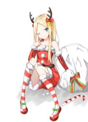  ;) abigail_williams_(fate) absurdres antlers blonde_hair blue_eyes blush bow candy candy_cane christmas closed_mouth commentary detached_sleeves dress fate/grand_order fate_(series) female finger_to_mouth food forehead full_body fur-trimmed_dress fur-trimmed_legwear fur-trimmed_sleeves fur_trim green_bow hairbow highres horns kneehighs knees_up long_hair long_sleeves multiple_hair_bows one_eye_closed parted_bangs red_bow red_dress red_footwear red_sleeves reindeer_antlers sack santa_costume shadow shoes sitting smile socks solo strapless strapless_dress striped_bow striped_clothes striped_socks very_long_hair white_background yellow_bow yukaa 