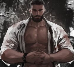  1boy abs bara beard black_hair blood blood_on_clothes collared_shirt david_king_(dead_by_daylight) dead_by_daylight dopey_(dopq) facial_hair highres large_pectorals looking_at_viewer male_focus muscular muscular_male open_clothes open_shirt own_hands_together pectoral_cleavage pectorals scar scar_across_eye scar_on_face scar_on_nose shirt short_hair solo undercut watch wristwatch 