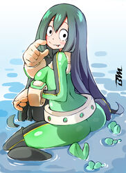  asui_tsuyu bayeuxman black_eyes blush_stickers bodysuit boku_no_hero_academia commentary english_commentary female gloves green_bodysuit green_hair hair_between_eyes highres long_hair looking_at_viewer photoshop_(medium) shiny_clothes smile solo superhero_costume tongue tongue_out very_long_hair water 