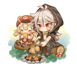  1boy ahoge bandages blonde_hair bone_necklace boots campfire chibi closed_eyes clover_print cooking dress eating female fire food frying_pan full_body genshin_impact grey_hair hash_browns hat highres klee_(genshin_impact) lolicon long_hair mushroom protected_link puppy-paw_hash_brown_(genshin_impact) razor_(genshin_impact) red_eyes ria_(yfvv_ria) scar scar_on_face sitting wood 