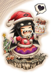  alternate_costume black_hair blunt_bangs blush_stickers boned_meat brooch cake chibi christmas christmas_tree closed_eyes commentary_request female flower food fruit gradient_background hat heart hidefu_kitayan holding holding_plate jewelry liar_princess long_hair meat mittens open_mouth outline plate pom_pom_(clothes) purple_mittens santa_costume santa_hat sharp_teeth solo spoken_heart standing strawberry teeth thick_eyebrows usotsuki_hime_to_moumoku_ouji very_long_hair 