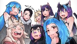  1boy 6+girls absurdres akuma_nihmune akuma_nihmune_(1st_costume) animal_ears bandaid bandaid_on_face bandaid_on_nose bao_(vtuber) bao_(vtuber)_(1st_costume) black_hair blonde_hair blue_hair blunt_bangs cat_ears cat_girl cat_tail choker commentary demon_girl demon_horns english_commentary fox_ears fox_girl hair_between_eyes halo heart heart_choker highres horns indie_virtual_youtuber long_hair looking_at_viewer mika_moonlight mole mole_under_eye multiple_girls open_mouth purple_hair rainhoe rpr sanagi_yuzu shirahiko_(vtuber) short_hair simple_background tail teeth tongue virtual_youtuber white_background yellow_eyes zepocketdroid 