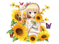  :d animal bare_arms bare_shoulders blue_eyes blush breasts bug butterfly cariboy chi_guo cleavage collarbone commentary_request cropped_torso dress female flower hair_between_eyes hair_ribbon highres light_brown_hair long_hair looking_at_viewer medium_breasts one_side_up open_mouth ribbon sanse_hui_lian sanse_hui_lian_s simple_background sleeveless sleeveless_dress smile solo striped striped_ribbon sunflower upper_body white_background white_dress white_ribbon yellow_flower 