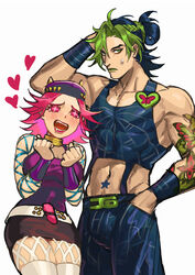  1boy bare_shoulders black_hair drooling female fishnet_legwear fishnet_top fishnets genderswap_(ftm) genderswap_(mtf) green_eyes green_hair green_lips highres jojo_no_kimyou_na_bouken kujo_jolyne midriff multicolored_hair muscular muscular_male narciso_anasui pink_eyes pink_hair rule_63 short_hair spider_web_print star-shaped_pupils star_(symbol) stone_ocean sweatdrop symbol-shaped_pupils tattoo thighhighs two-tone_hair ultracat 