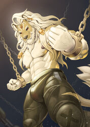  anthro black_sclera chains cuff_(restraint) dislyte ear_piercing ear_ring felid fur javid_(dislyte) lilith_games lion long_mane male mammal mane mumu202 muscular muscular_male nipples pantherine piercing red_eyes restraints ring_piercing shackles solo tail tail_tuft tan_body tan_fur tuft white_mane 