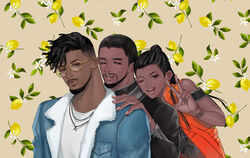  2boys ^_^ beard black_eyes black_hair black_panther_(film) blue_jacket brother_and_sister closed_eyes cousins dark-skinned_male dark_skin dreadlocks facial_hair family female glasses jacket jewelry killmonger male_focus marvel marvel_cinematic_universe matsu_(bandan) multiple_boys necklace one_eye_closed ponytail shuri_(marvel) siblings t&#039;challa undercut v 