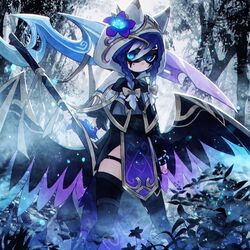  animal_ears black_thighhighs blue_eyes blue_flower blue_hair blurry bokeh bow braid cape capelet clenched_hand depth_of_field domino_mask feet_out_of_frame female flower forest gradient_hair hair_between_eyes hair_flower hair_ornament hairbow holding holding_scythe holding_weapon hood hood_up indie_virtual_youtuber kokuzu mask multicolored_hair nature official_alternate_costume purple_cape raccoon_girl raccoon_tail ribbon scythe snuffy_(vtuber) snuffy_(vtuber)_(avatar_of_death) solo standing tail thighhighs tree twin_braids virtual_youtuber weapon white_hair wings 