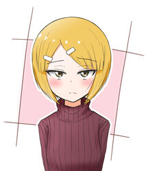  alternate_hairstyle ame_(amechan17391739) bad_id bad_pixiv_id blonde_hair cutlass_(girls_und_panzer) female frown girls_und_panzer hair_ornament hairclip highres short_hair simple_background solo sweater turtleneck turtleneck_sweater yellow_eyes 