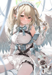  angel angel_wings animal belt black_belt blue_hairband blush breasts brown_eyes brown_hair chest_belt commentary dress drill_hair feathered_wings feline female frilled_hairband frills gloves gradient_hair hair_between_eyes hair_ornament hairband half_gloves halo hand_in_own_hair hand_up highres holding holding_own_hair kurasawa_moko large_breasts long_hair long_sleeves looking_at_viewer multicolored_hair nanase_eru pantyhose parted_lips pointy_ears shirt sidelocks simple_background sitting skirt sleeveless sleeveless_shirt solo thigh_belt thigh_strap two_side_up varium virtual_youtuber white_background white_dress white_gloves white_pantyhose white_shirt white_skirt white_wings winged_animal wings x_hair_ornament 