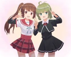  2girls anna_mel beige_background black_dress black_jacket brown_eyes brown_hair collared_jacket commentary_request contrapposto cowboy_shot daito_academy_school_uniform dot_nose double_horizontal_stripe double_v dress gradient_background green_eyes green_hair green_ribbons hair_between_eyes hair_ornament hand_up hands_up high-waist_skirt jacket kamihama_university_affiliated_school_uniform layered_sleeves long_sleeves looking_afar looking_at_viewer magia_record:_mahou_shoujo_madoka_magica_gaiden mahou_shoujo_madoka_magica multiple_girls neck_ribbon open_mouth orange_background plaid plaid_skirt pleated_dress ponytail red_sailor_collar red_skirt ribbon sailor_collar school_uniform serafuku shirt short_dress short_over_long_sleeves short_sleeves side-by-side side_ponytail sidelocks simple_background single_horizontal_stripe skirt tassel tassel_hair_ornament usagikoya v white_shirt yui_tsuruno 