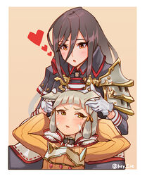  2girls :o animal_ears arms_behind_head black_hair blush bodysuit border cat_ears epaulettes facial_mark gloves grey_hair hair_down heart hey_cre long_hair morag_ladair_(xenoblade) multiple_girls nia_(xenoblade) no_headwear pink_background playing_with_another&#039;s_ears short_hair twitter_username upper_body white_border white_gloves xenoblade_chronicles_(series) xenoblade_chronicles_2 yellow_bodysuit 