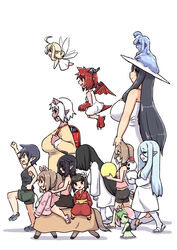  6+girls absurdres ahoge arm_up backpack bad_id bad_pixiv_id bag bare_arms bare_shoulders bike_shorts black_hair black_shorts black_skirt black_tank_top blonde_hair blue_footwear blue_hair breasts brown_hair brown_shirt brown_skirt camisole chibi colored_skin commentary_request crop_top curled_horns dragon_girl dragon_horns dragon_tail dragon_wings dress fairy fairy_wings flower from_side green_shorts green_skin hair_flower hair_ornament hasshaku-sama highres horns japanese_clothes kimono large_breasts loafers long_hair mini_person minigirl monster_girl multiple_girls obi original pink_camisole pink_shirt plant_girl pointy_ears ponytail profile randoseru red_kimono red_wings sash shadow shirt shoes short_shorts shorts skirt sleeveless sleeveless_dress slime_girl small_breasts snowman standing standing_on_one_leg tail tank_top u-non_(annon&#039;an) very_long_hair white_background white_dress white_flower white_kimono white_wings wings yuki_onna 